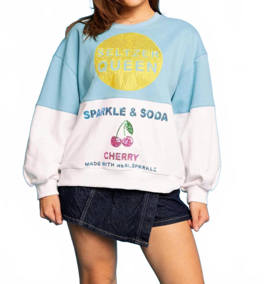 NEW QUEEN OF SPARKLES colorblock seltzer queen sweatshirt in aqua & white